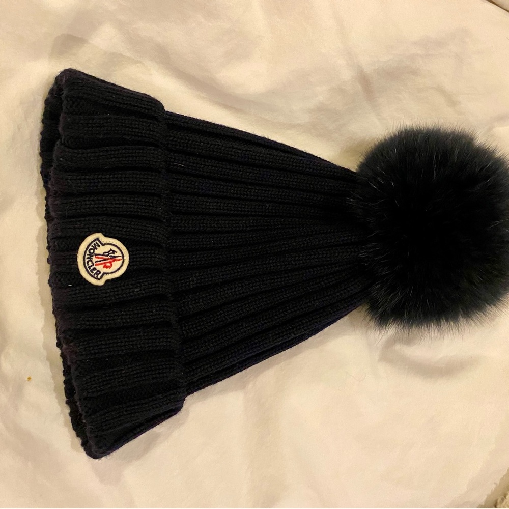 Moncler navy blue ribbed Knit Pom Pom Beanie